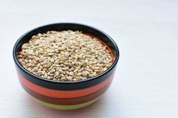 Raw barley grains, displayed in containers on textured background