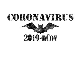 Coronavirus 2019-nCoV black lettering with hand drawn bat isolated on white background