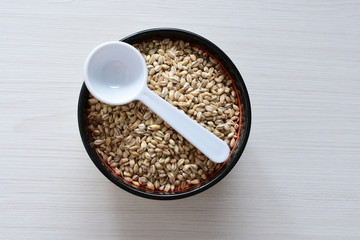 Raw barley grains, displayed in containers on textured background