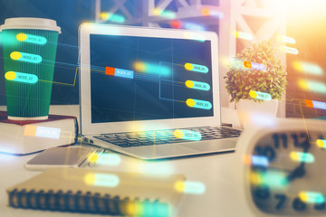 Multi exposure of desktop with personal computer and tech theme drawing. Concept of Bigdata.