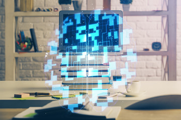 Multi exposure of desktop computer and technology theme hologram. Concept of software development.