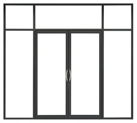 Real black modern aluminium glass door isolated on white background, interior clean frontstore window frame for shop design