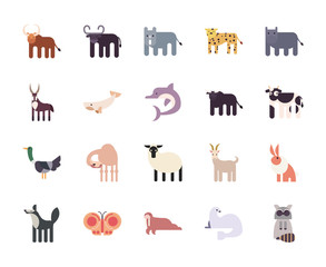Cute animals cartoons fill style icon set vector design