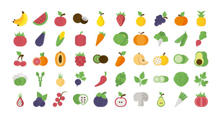 set of icons of fresh fruits and vegetables