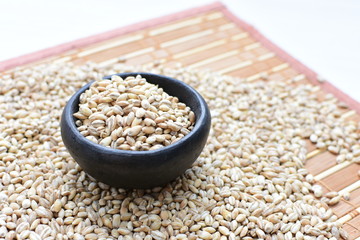 Raw barley grains, displayed in containers on textured background