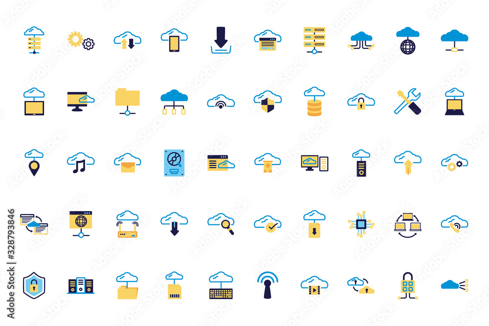 Wall mural bundle of cloud computing lineal colors style icons