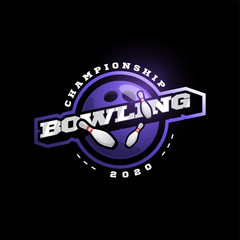 Purple Bowling vector logo. Modern professional Typography sport retro style vector emblem and template logotype design. Bowling purple logo.