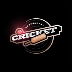 Modern professional Typography cricket sport super hero style vector emblem and template logo design with ball. Funny greetings for clothes, card, badge, icon, postcard, banner, tag, stickers, print.