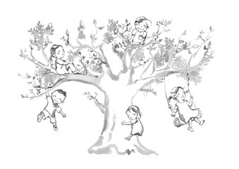 大きな木と子ども5人、線描 - obrazy, fototapety, plakaty
