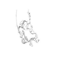 木のブランコに乗る女の子、線描