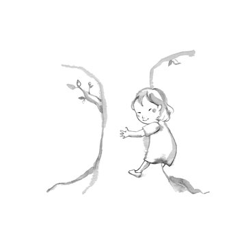 木に抱きつく女の子、線描