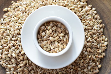  Raw barley grains, displayed in containers on rustic background