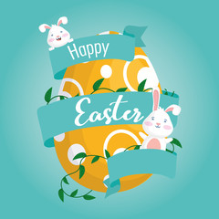 happy easter celebration card with rabbits and egg floral frame