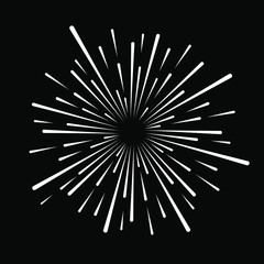 Radial white speed lines in round form. Vector illustration. Fireworks. Star rays. Explosion. Design element for prints, web, template, logo, tattoo and pattern. Star burst shape