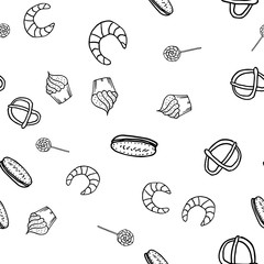 Cute sweet pattern in doodle style. Cupcake, bakery, cookies, lollipop in vector. Abstract geometric design for decoration interior, print posters, card, banner, wrapping.