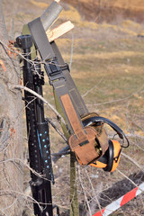 Shotgun, bandoleer and headphones hang on a split tree trunk