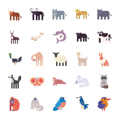 Cute animals cartoons fill style icon set vector design