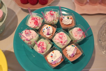 Party table, candies, homemade dessert, lovely details. Top view.