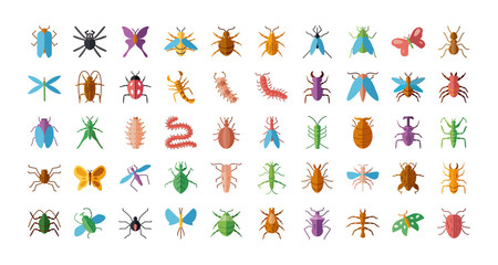 bugs and insect icon set, flat style