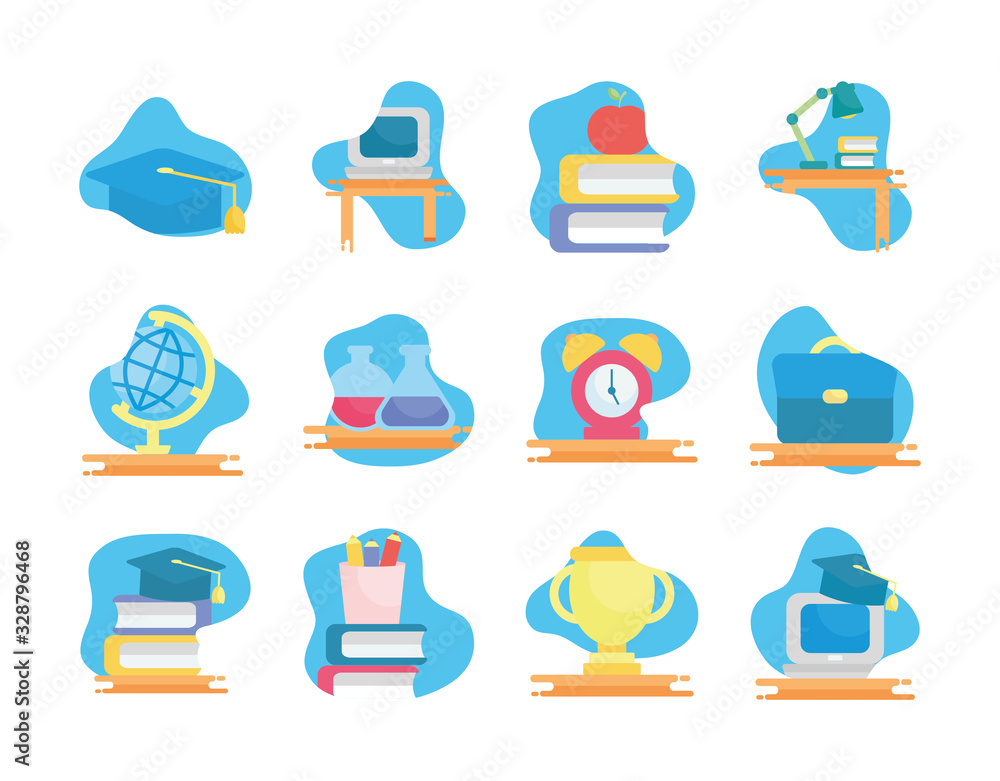 Poster school flat block style icon set vector design