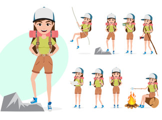 Female mountain climber vector character set. Woman hiker character in different summer hiking activities and standing poses like rope climbing, telescoping, walking and cooking isolated in white.