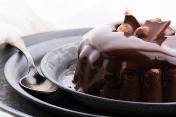 Chocolate pudding with chocolate dressing on a plate