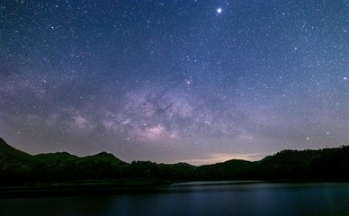 Stars and the Milky Way in the dark night sky are very beautiful.