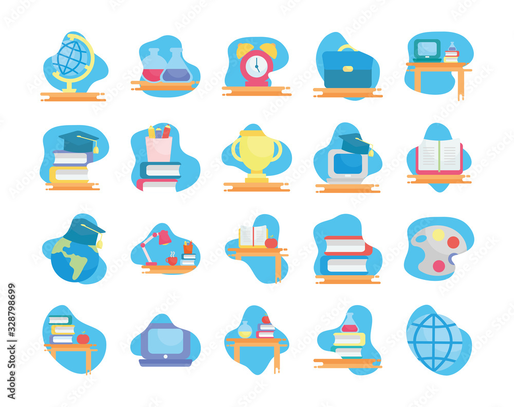 Poster school flat block style icon set vector design