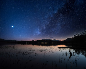 Stars and the Milky Way in the dark night sky are very beautiful.