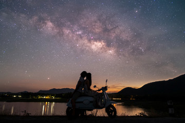 Stars and the Milky Way in the dark night sky are very beautiful.