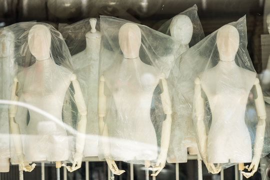 Boutique display window with mannequins