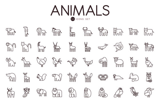 50 cute animals cartoons line style icon set vector design