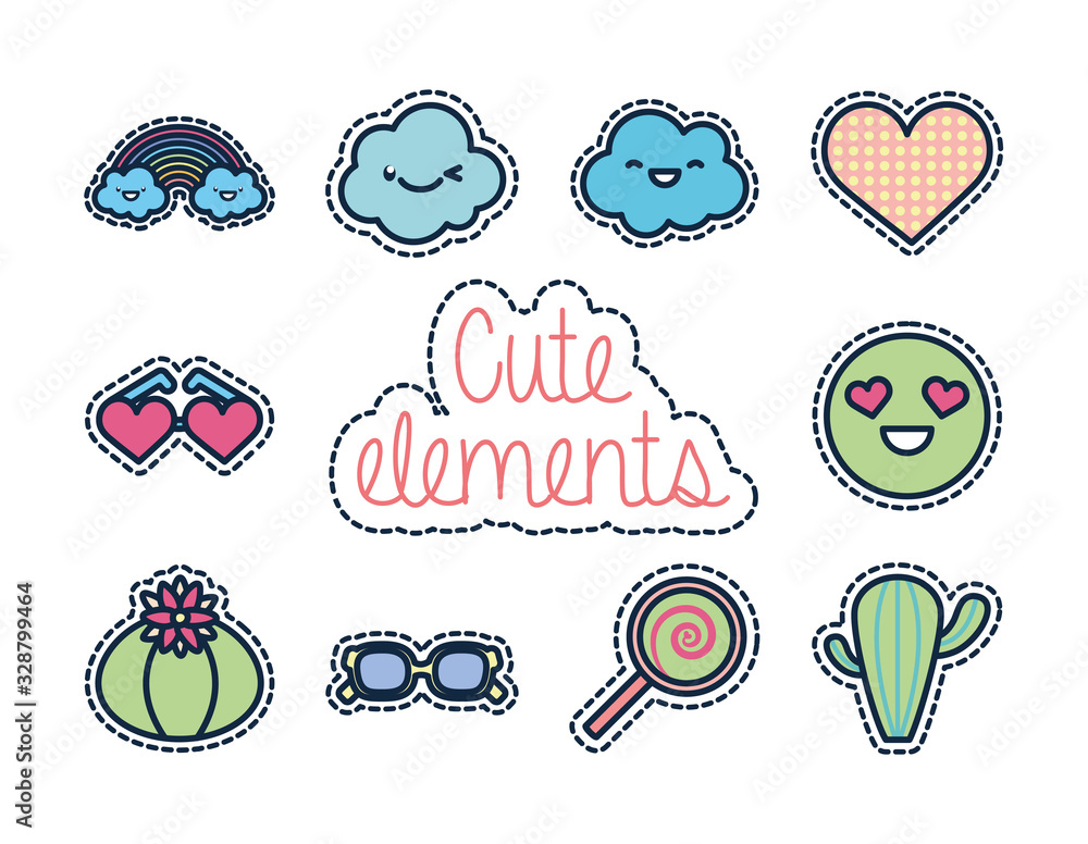 Poster cute elements line fill style icon set vector design