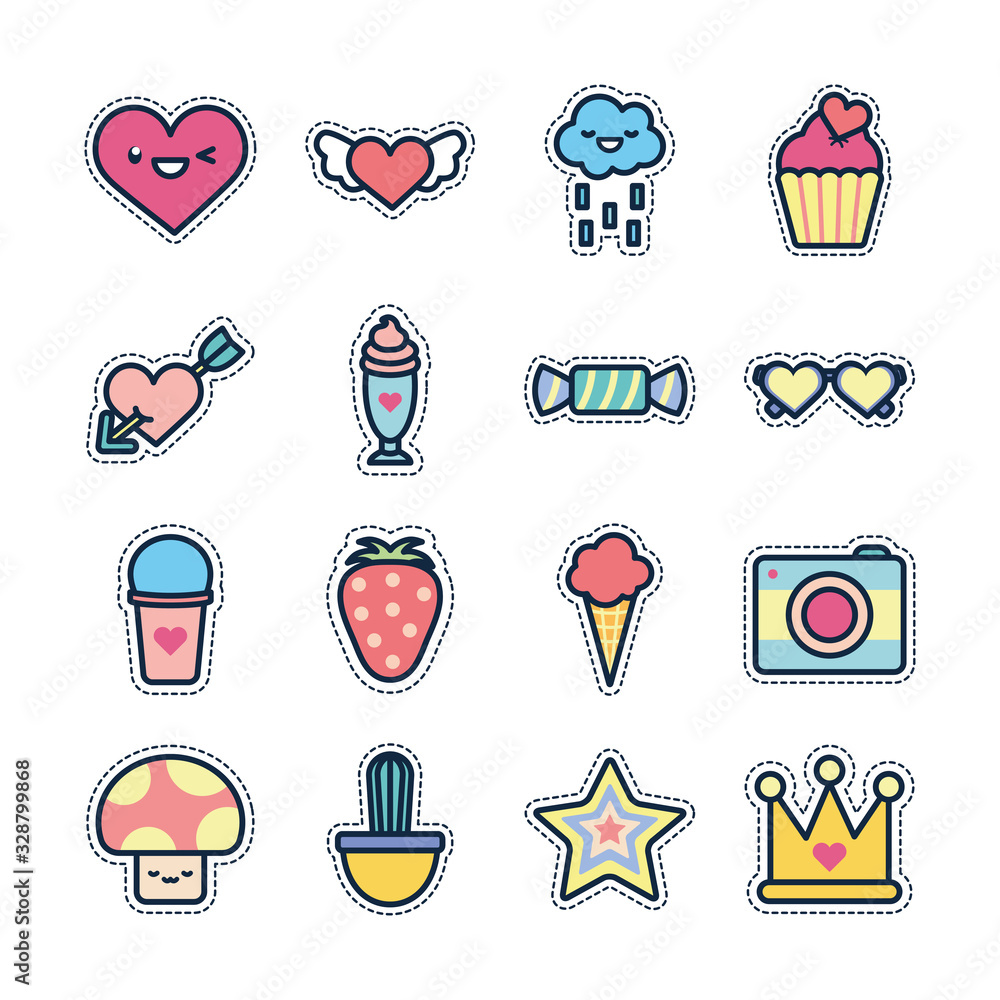 Poster cute elements line fill style icon set vector design