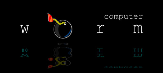 Worm, computing. Inherently malicious. Standalone malware computer program that replicates. Illustration, text and graphic with the effect of reflections in the water. Bomb inserted in the letters.