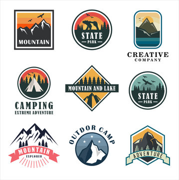 Set of Mountain emblems. Mountaineering camp and adventure tourism, hiking expedition retro labels vintage vector logo,