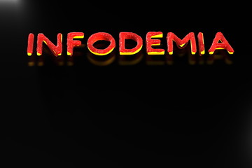 Infodemia lettering concept about pandemia and false information with coronavirus covid-19. 3d illustration isolated on black background with copyspace