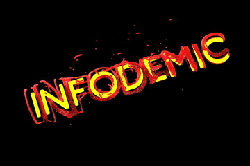 Infodemia lettering concept about pandemia and false information with coronavirus covid-19. 3d illustration isolated on black background