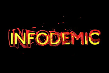 Fototapeta na wymiar Infodemia lettering concept about pandemia and false information with coronavirus covid-19. 3d illustration isolated on black background