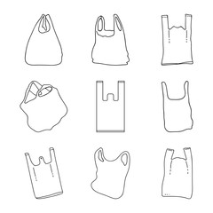 Set vector of sketch plastic bags thin line isolated on a white background. Design outline style icons collection. Rubbish illustration.