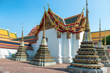 View to chedi of Temple of Reclining Buddha or Wat Pho complex. Bangkok, Thailand