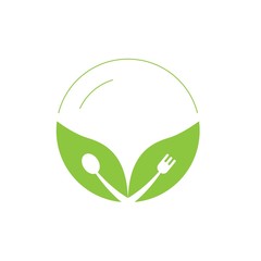 Organic food logo with plate,spoon,fork and leaf
