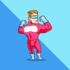 Red Superhero Making Two Thumb Up On The Back. Vector Illustration.