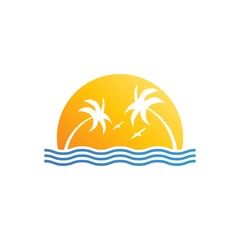 Fototapeta na wymiar Beach logo with palm tree and sun