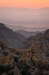  Sunset light on the rock formations of Chiricahua National Monument, viewed from Massai Point.