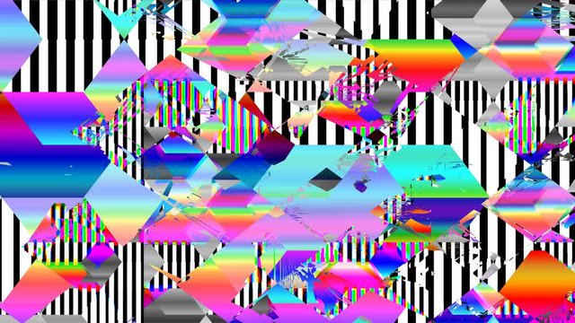 Abstract movements of brightly colored digital elements on black and white lines, glitch art rgb cmyk gradient vivid colors retro TV 80s style, seamless looping