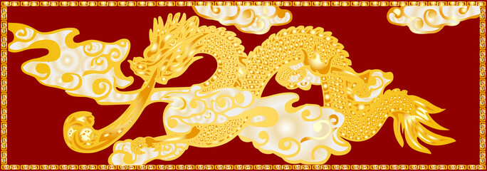 Illustration Art of A Golden Dragon in White Clouds over Red Background with Chinese Frame.