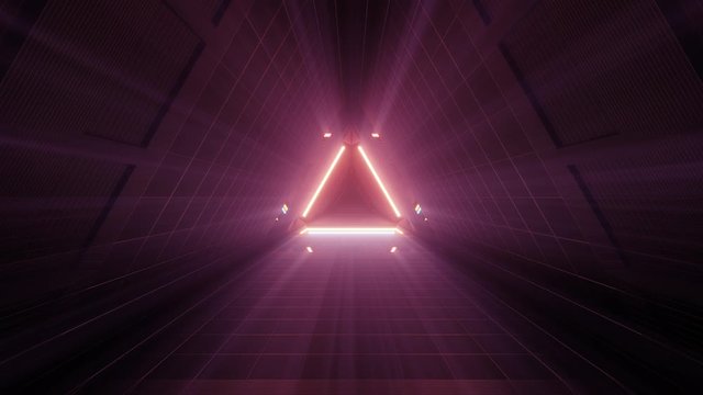Pink triangle shape hallway in futuristic glass space ship design, loop-able 3d cgi rendering motion animation