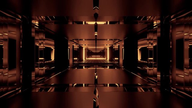 Golden Sci fi background. Neon lights Abstract technology tunnel. 