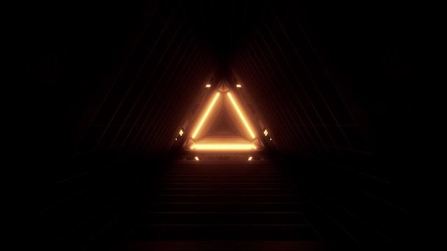 Gold triangle shape hallway in futuristic glass space ship design, loop-able 3d cgi rendering motion animation